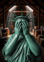 Obraz premium Statue of liberty covering face with hands in a dimly lit attic filled with boxes, symbolizing distress, burden, and forgotten ideals, dim light