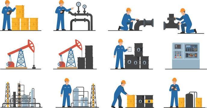 Collection of oil industry illustrations featuring petroleum engineers refinery plants oil rigs barrels and fuel processing equipment for energy branding