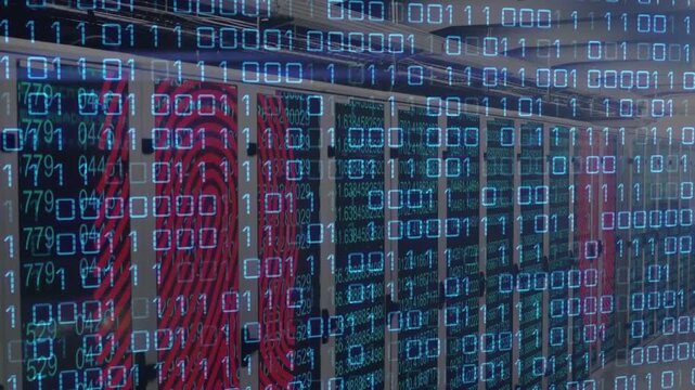 Camera sliding right forward, binary overlay scrolling across data center racks showing data flow