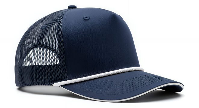 Modern detailed navy blue trucker cap with white rope accent isolated hat mockup mockup cap hat template fashion clothing baseball front sport isolated blank