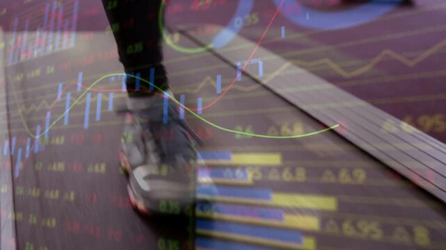 Vertical video: Runner jogging treadmill starting training while finance charts floating over feet