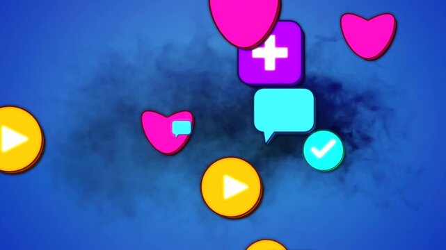 Pink heart appearing, ink plume emerging, icons stacking, filling blue, boosting social engagement