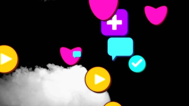 Single pink heart sparking icons falling, stacking above cloud, forming cluster showing engagement