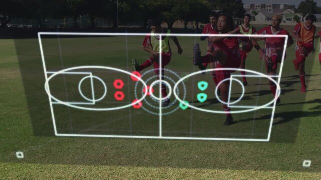 Soccer players advancing, entering causing white pitch overlay with pulsing cyan markers for drill