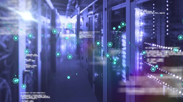 Camera dollying forward, teal nodes drifting and connecting across racks, showing network activity