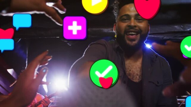 Leaning lead singer in open shirt offering mic to crowd at club, engaging fans, icons multiplying