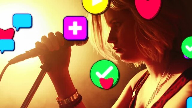 Female singer tuning mic, singing as camera pulling back, causing icons flooding view for music PR