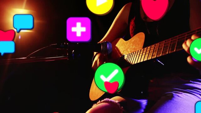 Spotlight turning on, teen guitarist sitting strumming guitar icons rising and visualizing feedback