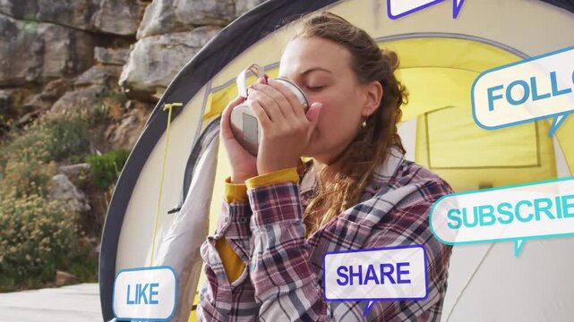Camper sipping metal mug at tent while social media bubbles appearing overlapping torso for promo