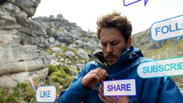 Man scanning rocks feeling cold, zipping jacket and cinching hood as social media bubbles appearing