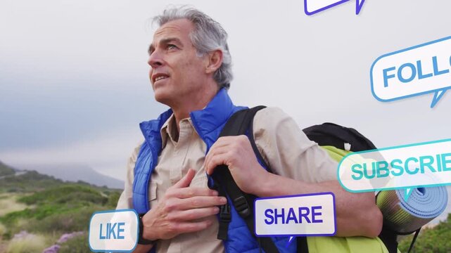 Male hiker scanning coast, seeking route, frame tightening sparking media LIKE or TWEET crossing fac