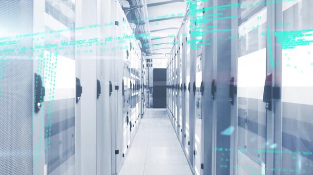 Camera moving forward, initiating teal data overlays across server aisle, showing active data flow
