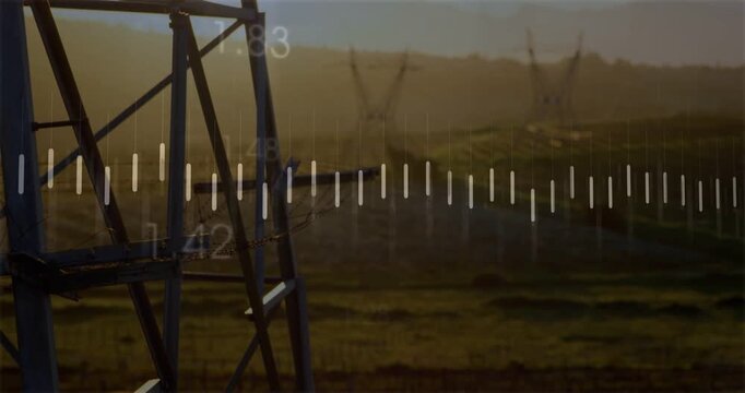 Steel tower anchoring utility corridor, sensors sending data and animating waveform monitoring grid