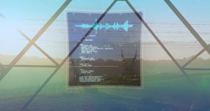 Booting HUD showing radar, charts, code and waveform over lattice-framed fields with towers