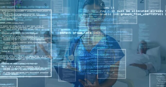 Female nurse checking clipboard and updating EHRs while digital overlay appearing over patient beds