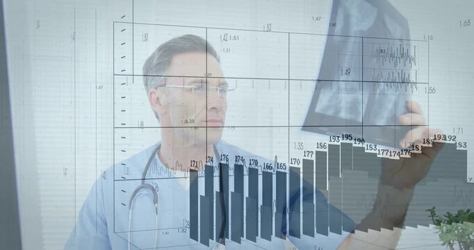 Clinician lifting and rotating X-ray after monitor cue, data overlays rising for diagnosis