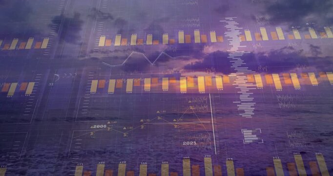 Animating data overlays over centered sunset scene, appearing from start at coast with gold bars