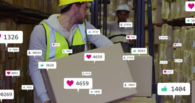 Worker in hard hat stacking cartons on pallet as forklift raising load, badges growing in warehouse