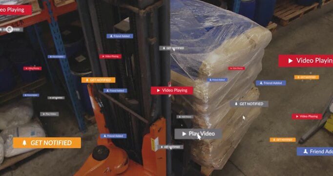 Operator entering depot on stacker aligning forks with wrapped pallet for pickup UI labels guiding