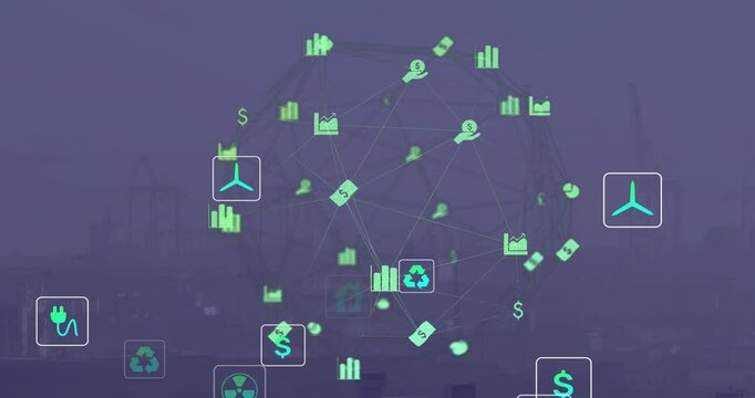 Vertical video: Circular network appearing above port, showing energy finance links and wind icons