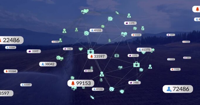 Translucent spherical network appearing at dusk, popping badges, pulsing nodes, showing alerts