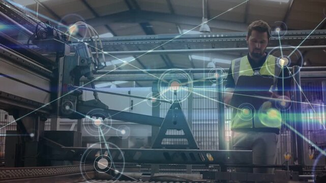 Vertical video: Tech tapping tablet, growing AR node web, mapping factory machine links across line