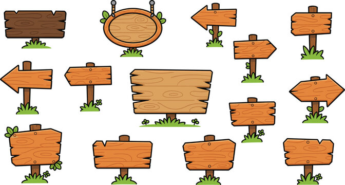 Large collection of various rustic wooden signboards and directional arrows on grass for park and garden event signage