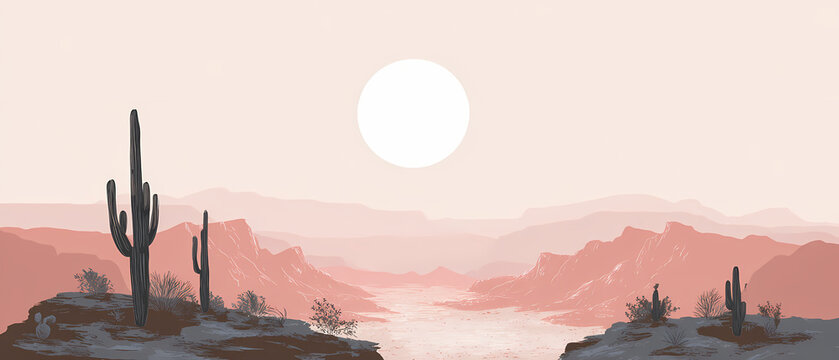 Minimal boho desert landscape with sun and mountains under a clear sky nature illustration simple graphic