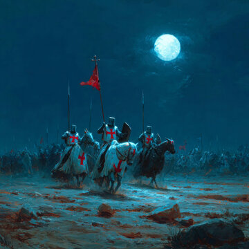 Medieval templar cavalry charging under full moon night battlefield scene