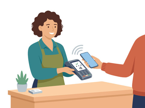 Customer making contactless payment with smartphone at checkout counter.