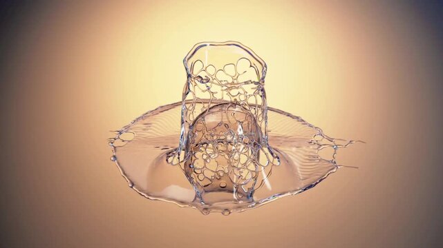Mesmerizing abstract 3d animation of a metallic medical stent interacting with a dynamic liquid splash, creating a stunning 3d video art piece