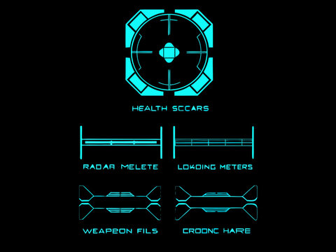 Futuristic targeting reticle with health and radar displays in cyan