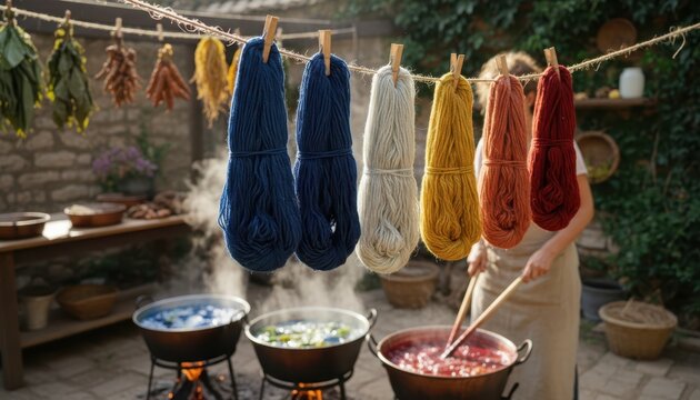 Artisan dyer working with natural plant dyes in a rustic outdoor workshop with hanging skeins of colorful wool yarn