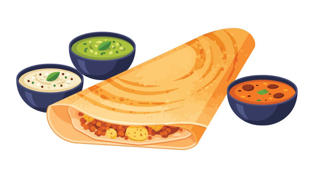 A delicious Indian dosa with three bowls of chutney and sauce on a white background