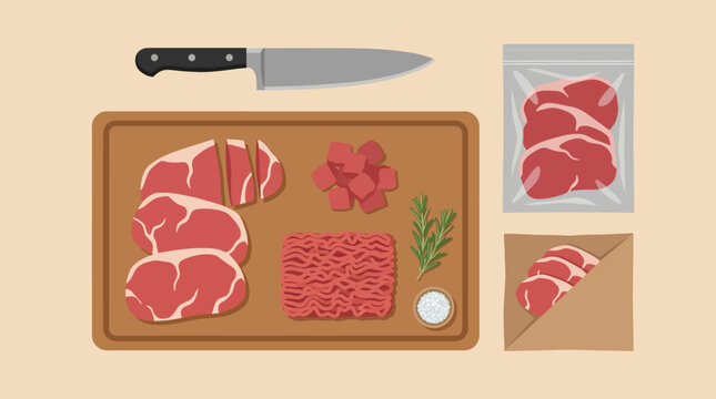 Assortment of Fresh Raw Beef Cuts on a Wooden Board.