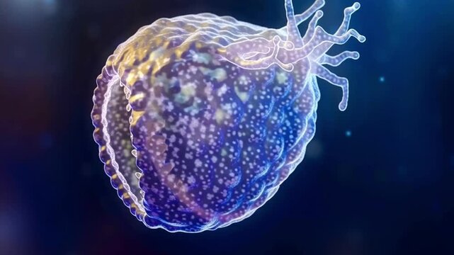 Detailed 3d rendering of an ameba performing phagocytosis, with its translucent cell membrane extending pseudopods to engulf particles in a microscopic environment for scientific visualization