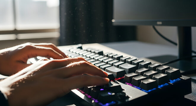 Hands typing on a computer keyboard.