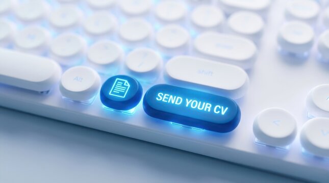 Send your cv button on modern white computer keyboard with glowing blue light for online recruitment