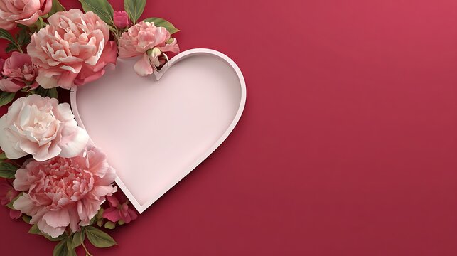 Pink heart with a textured surface, adorned with vibrant red and soft pink roses and green leaves on top, with scattered rose petals against a gradient red background