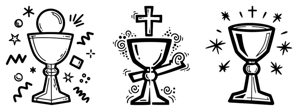 Holy communion chalice icons with eucharist host in stylized doodle style