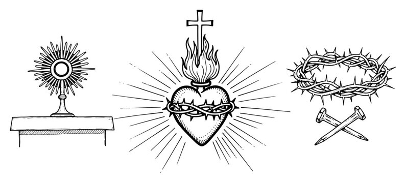 Religious sacred symbols with monstrance heart and crown of thorns in vintage engraving style