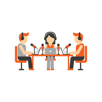 Three people hosting a podcast with laptops and microphones on a white background simple style.