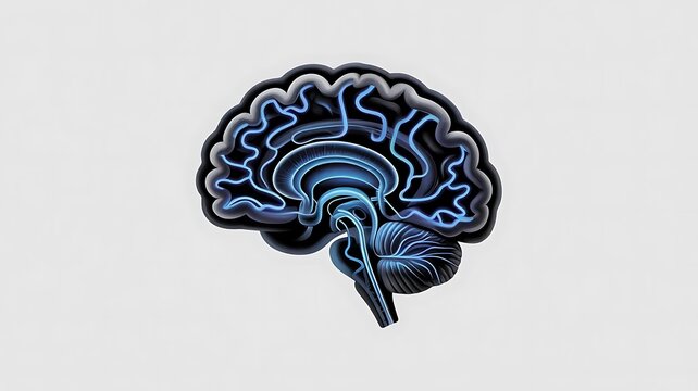 An illustrative diagram showing the internal neural pathways and connectivity within human brain isolated on white background