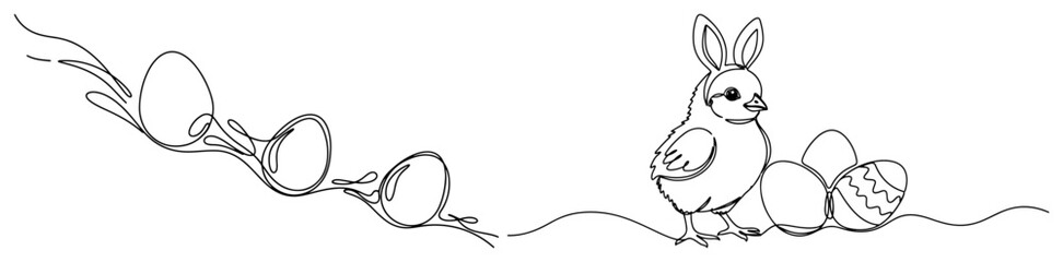 Easter chick wearing bunny ears near broken egg shells in continuous line art style © AnimalZOO