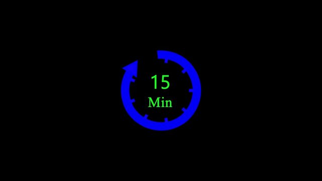 circle timer icon showing 15 minutes with markings and an arrow on black background 4k motion video animation. 