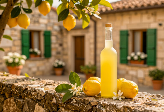 Bottiglia di limoncello con limoni e fiori su muro di pietra in borgo rurale