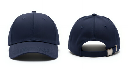 Fototapeta premium Classic navy blue baseball cap isolated on a white background front and back view of a blank hat ideal for mockup or design templates hat mockup mockup cap hat template fashion clothing baseball front