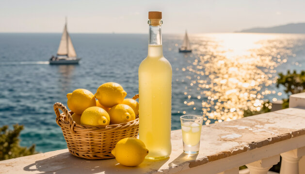 Bottiglia di limoncello con limoni e vista sul mare