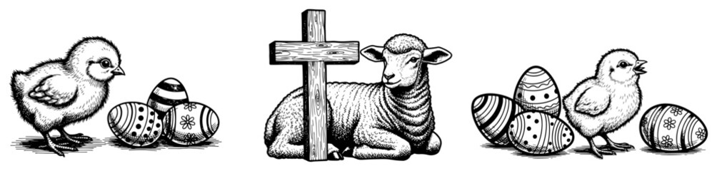 Easter lamb with cross and little chicks near patterned eggs in hatching engraving style © AnimalZOO