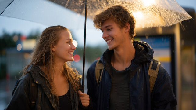 Two strangers sharing umbrella at foreign bus stop, laughing despite rain, backpacks touching, beginning of unexpected travel friendship in golden hour glow, perfect for serendipitous connections, a
